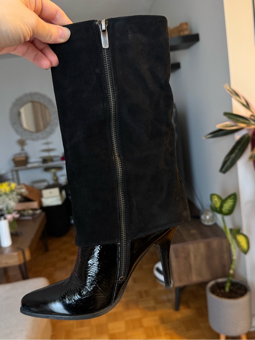 Enzo Angiolini Black Patent & Suede Mid-Calf Heel Boots